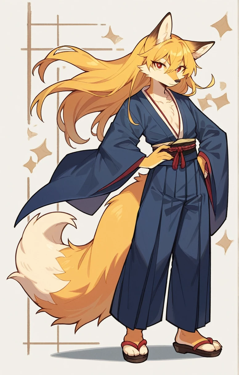 (full body,,The left hand is on the hip),((The right hand is out in front,Fluffy tail,,)),small breasts,Adult female fox,One Girl, Furry, Golden fur, Golden facial fur, long golden hair, The hair on his hands is golden, Golden yellow hair on the back of the hand, Light-filled eyes, Red eyes, Brown elements of fur,(Dark blue kimono,Dark blue hakama),Very fine fur, Fluffy tail,