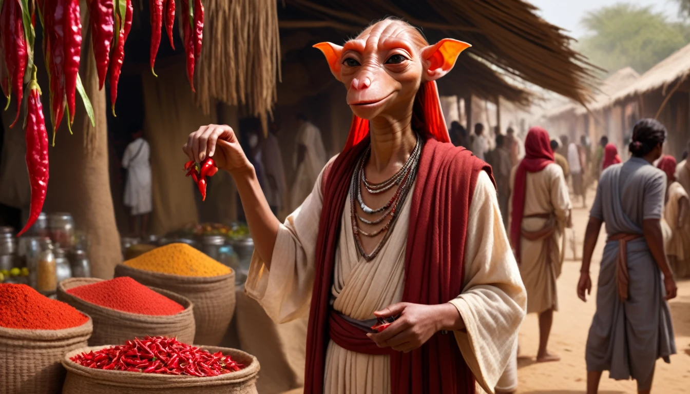 Create a photorealistic image set in an 1700s Indian village. Star Wars movie character,
Jar Jar Binks selling red chilies in Indian village busy market
