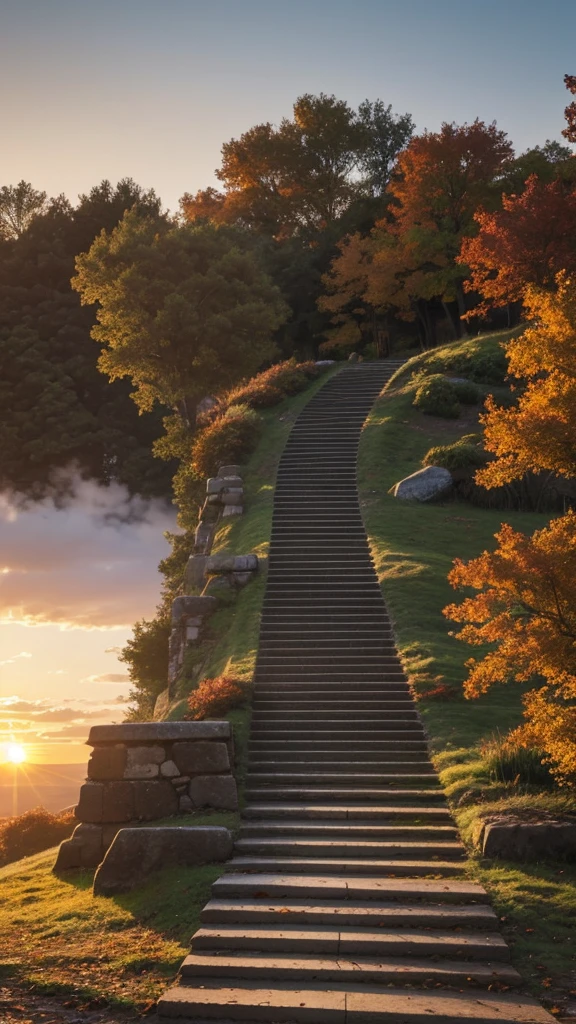 Create a beautiful sunrise with very long autumnal steps, something that is magical without people being there. 