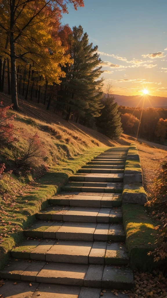 Create a beautiful sunrise with very long autumnal steps, something that is magical without people being there.