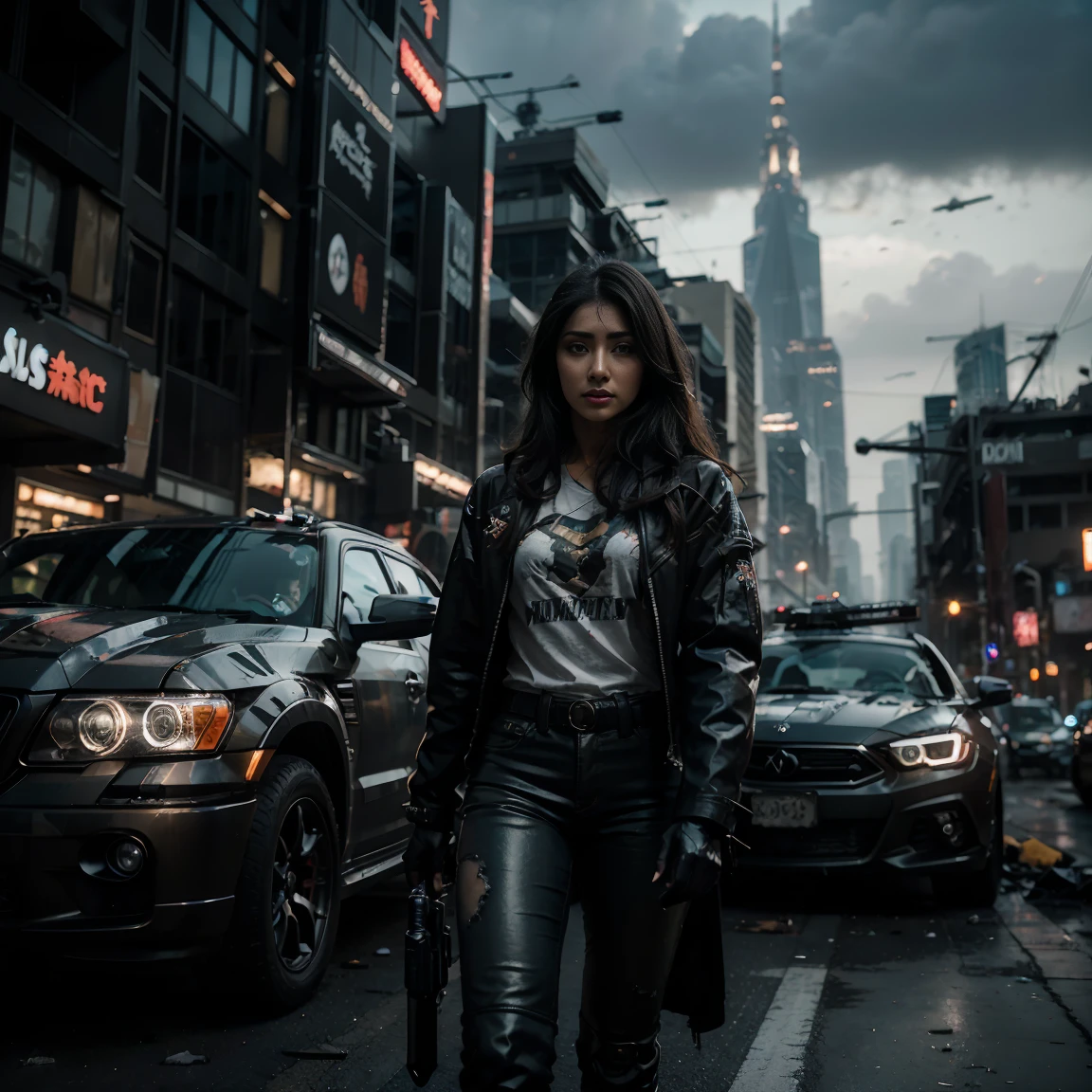 (Highest quality, Ultra HD, 16k, Masterpiece) A powerful girl Pooja Hegde walks confidently in front of her rugged, futuristic car amidst a chaotic and war-torn metropolis. The shot is a medium to long view, capturing her determined presence and the complete surroundings around her. She gazes ahead with a fierce, unyielding expression, embodying strength and resolve. She wears a fitted mecha tshirt under a stylish jacket and jeans pants, her attire blending practicality with a touch of modern flair. The jacket is detailed with guns, rifles, and utility pockets, enhancing her battle-ready appearance. Her hair is tousled and windswept, adding to her dynamic presence. The car behind her is a heavily modified, armored vehicle, its exterior scarred from countless battles. It stands as a testament to her resilience and resourcefulness, with various gadgets and weapons mounted on its frame. The car's sleek, complements the overall gritty atmosphere. In the background, the entire skyline of the metropolis is visible, partially obscured by smoke and ash. Skyscrapers tower amidst the chaos, many of them heavily damaged with gaping holes and crumbling facades. Explosions light up the scene, casting an eerie glow over the widespread destruction. Spaceships hover menacingly in the sky, engaged in fierce aerial battles, their sleek designs contrasting with the devastation below. The ground is littered with debris and remnants of destroyed structures, adding to the sense of a world torn apart by conflict. Scraps of metal, shattered glass, and remnants of vehicles are scattered across the landscape. The lighting is dramatic, with sharp contrasts that highlight the textures of her attire and the metallic surface of her car. The interplay of light and shadow emphasizes the intense expression on her face and the chaos in the background. Hollywood action movie. Action film, ((tshirt)), (((fully covered mecha tshirt))), (((mecha jacket on top))), (((guns)))