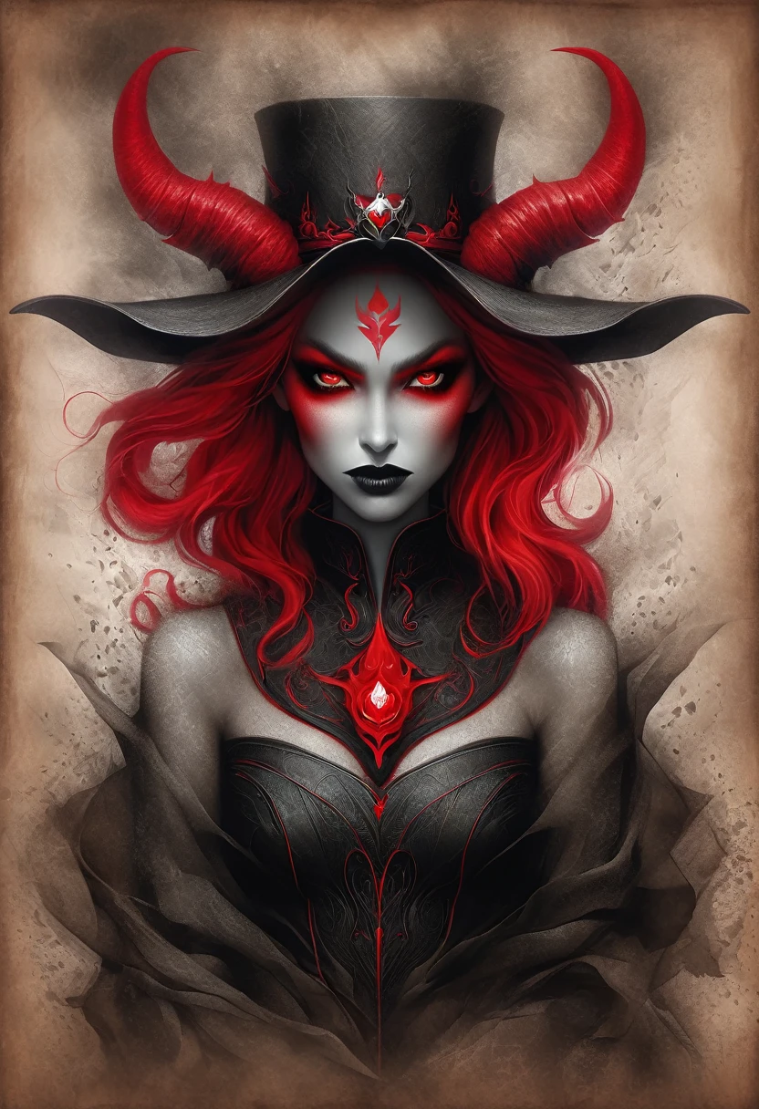 beautiful, masterpiece, best quality, in the style of nicola samori, an elegant demon woman, hauntingly abstract, shifting textures, grayscale, photorealism,  high resolution, RageStyle, drawn on parchment with black and red charcoals, symmetry, cowboy shot, vignette