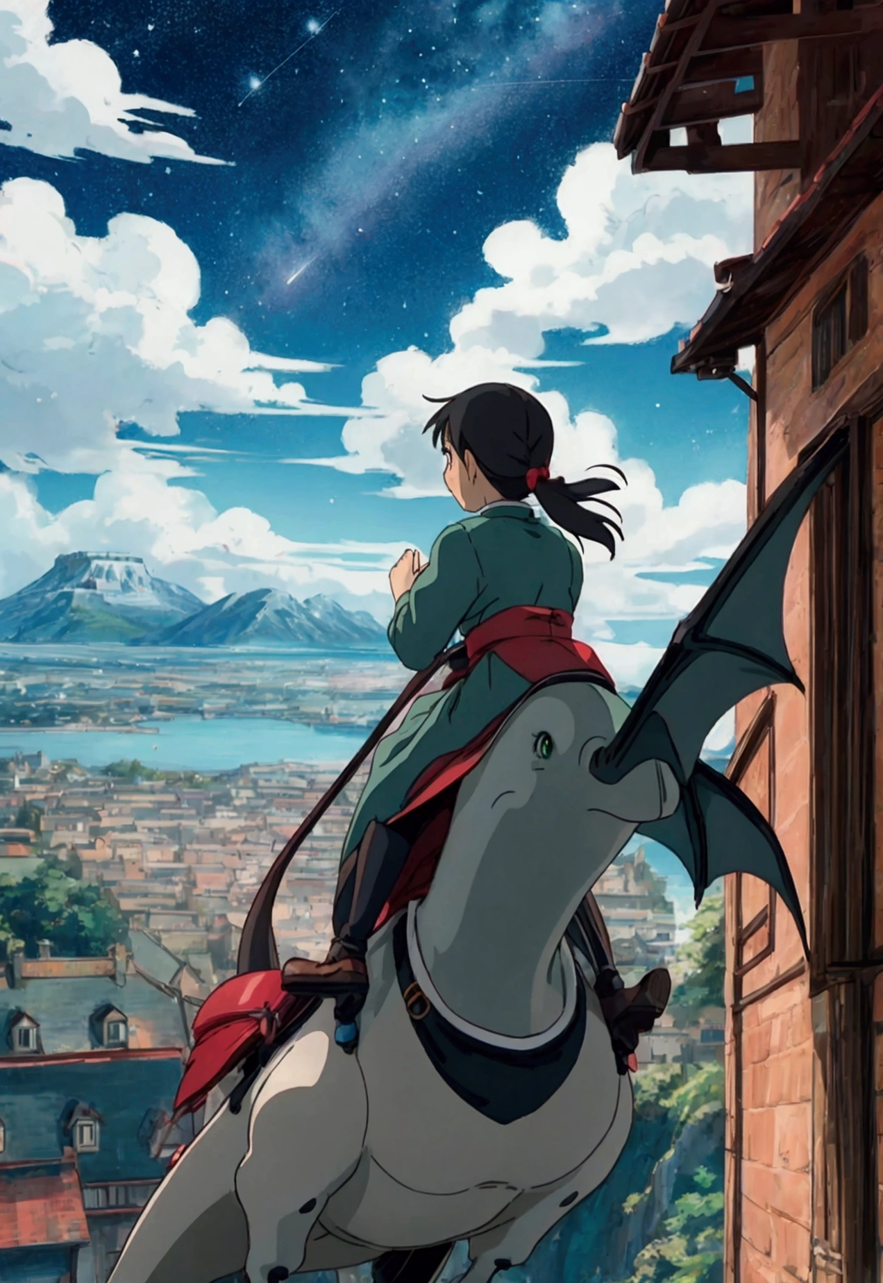Ghibli A girl is flying in the sky riding a dragon You can see the sea, the mountains and the city Shooting stars in the night sky