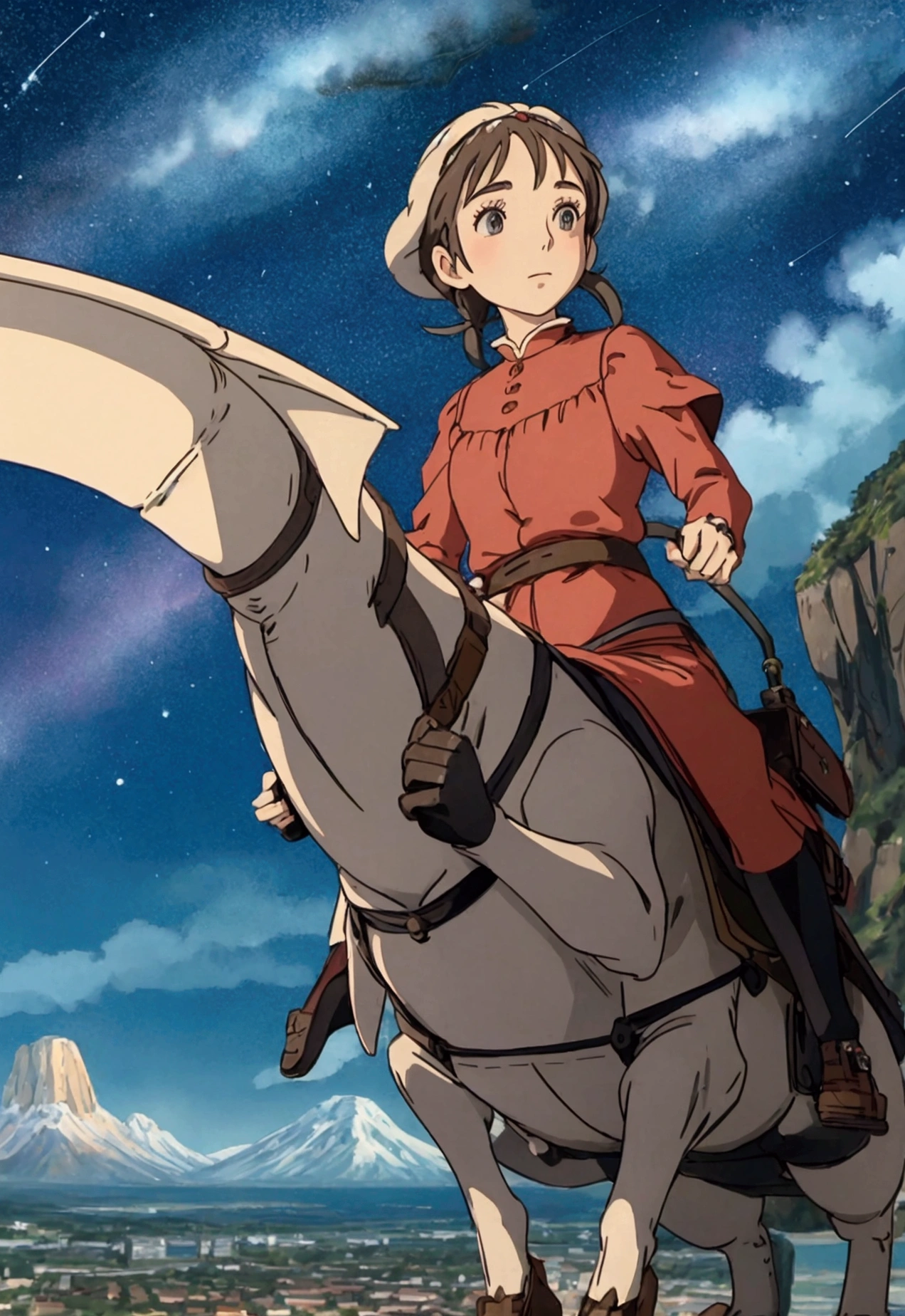 Ghibli　A girl is flying in the sky riding a dragon　You can see the sea, the mountains and the city　Shooting stars in the night sky