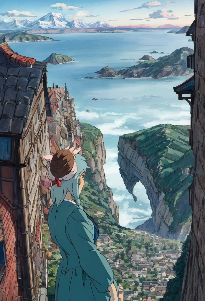 Ghibli　A girl is flying in the sky riding a dragon　You can see the sea, the mountains and the city　Shooting stars in the night sky