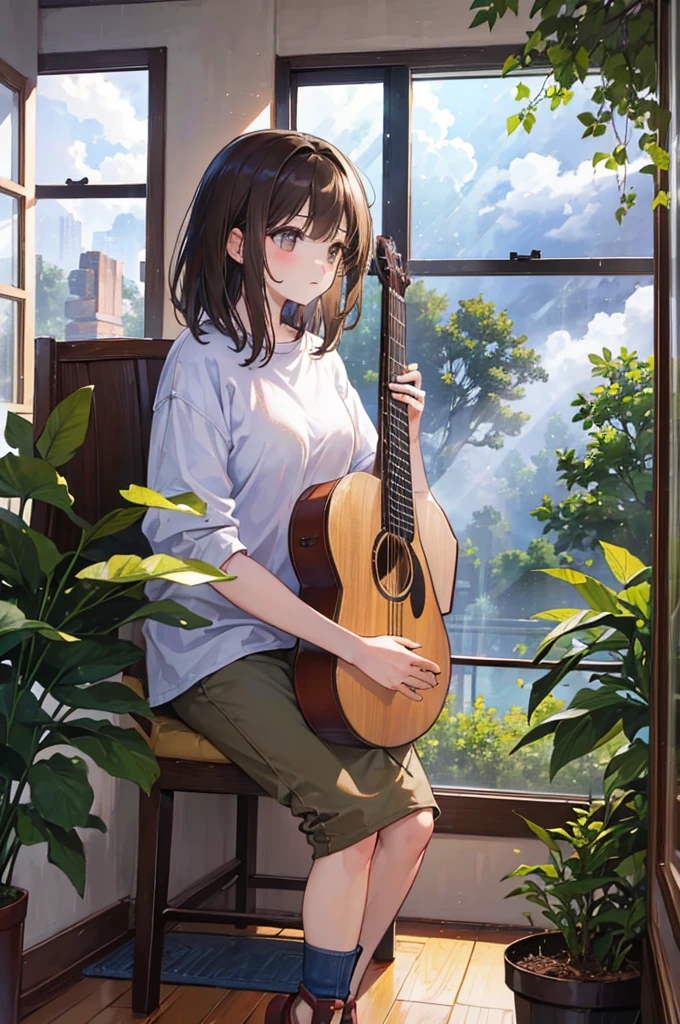 (One woman), 20-year-old, Detailed explanation, Brown Hair, Medium Hair, (Casual clothing), In front of a large window, (Sit facing the window), （play the guitar）, Backward view, Inside the room, Hardwood Floors, Bookshelf, Foliage plant, Big cloud outside the window, Portrait,（Beautiful composition）,Highest quality,pastel colour