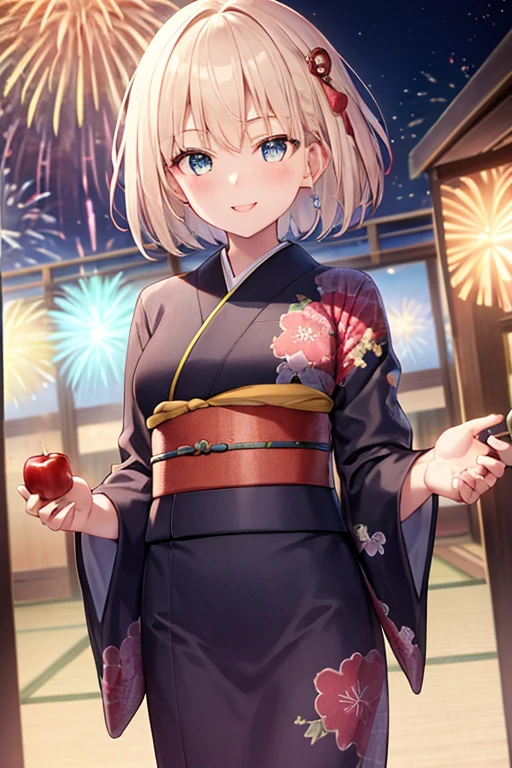 ((Highest quality)), ((masterpiece)), (detailed), One girl, Light blue eyes、Short Hair、kimono、Smiling、festival、Apple candy in hand、Clothing color purple、Hair is black、night、firework