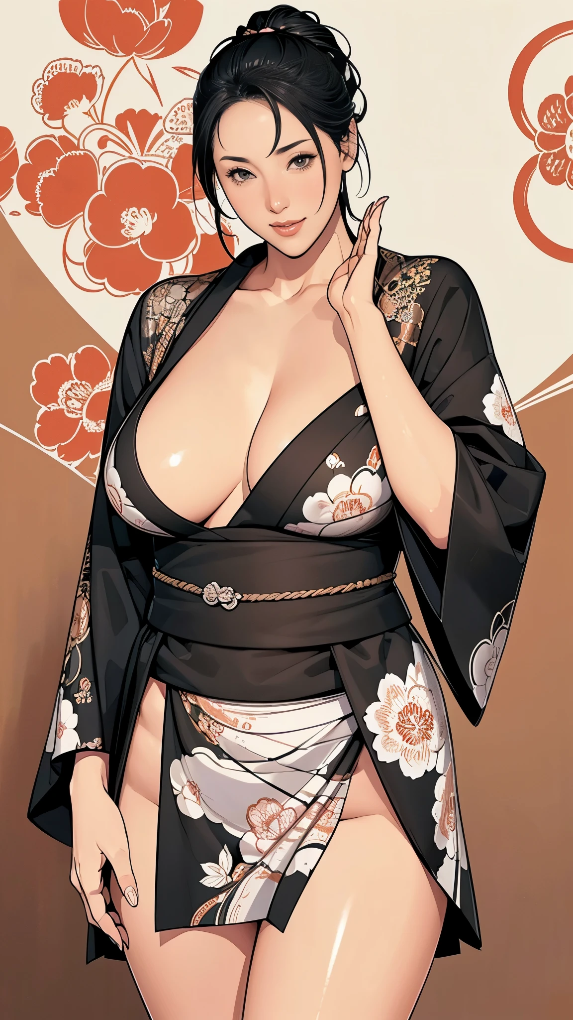 20 years old,1 mature woman,hyperrealistic, 8k, (extremely detailed 8k), (very delicate and beautiful), (masterpiece), (better quality:1.0), (ultra high resolution:1.0), (masterpiece, best quality),cute,black hair,ponytail,cowboy shot,white background,realistic skin,kimono,model posing,big breasts,excited