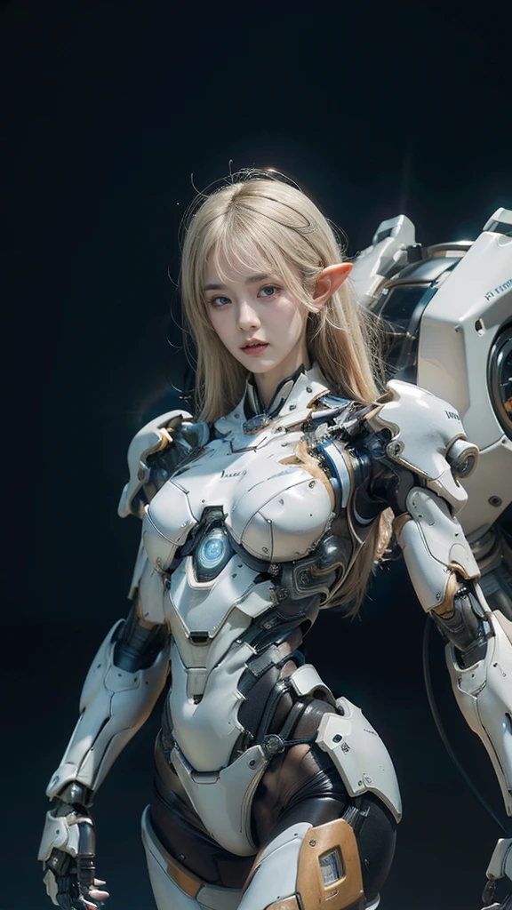 best quality, 1080P, Masterpiece, Whole body photo, Ultra high resolution, photorealistic photo, ultra realism, Realistic skin texture, Light blonde hair, Extreme skin detail, dslr, Detailed eyes, Facing the camera, very beautiful face, Concise facial structure, Pale skin, Realistic skin texture, Extreme skin detail, oc render reflection textures, Realistic light and shadow, Single picture, alone, The body is slim and balanced., Age 20, Height 170, naked girl, NUDE, no underwear, A girl with the body of a mechanical robot., Transparent futuristic black glass mech armor suit, Blue chest with lights, The mechanical cervix is attached to the neck., flat stomach, Woman with perfect mechanical arms and legs, full body view, Whole body photo, elf ears