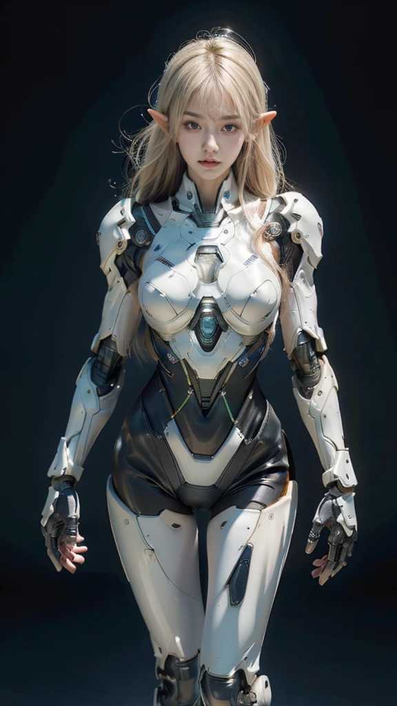 best quality, 1080P, Masterpiece, Whole body photo, Ultra high resolution, photorealistic photo, ultra realism, Realistic skin texture, Light blonde hair, Extreme skin detail, dslr, Detailed eyes, Facing the camera, very beautiful face, Concise facial structure, Pale skin, Realistic skin texture, Extreme skin detail, oc render reflection textures, Realistic light and shadow, Single picture, alone, The body is slim and balanced., Age 20, Height 170, naked girl, NUDE, no underwear, A girl with the body of a mechanical robot., Transparent futuristic black glass mech armor suit, Blue chest with lights, The mechanical cervix is attached to the neck., flat stomach, Woman with perfect mechanical arms and legs, full body view, Whole body photo, elf ears