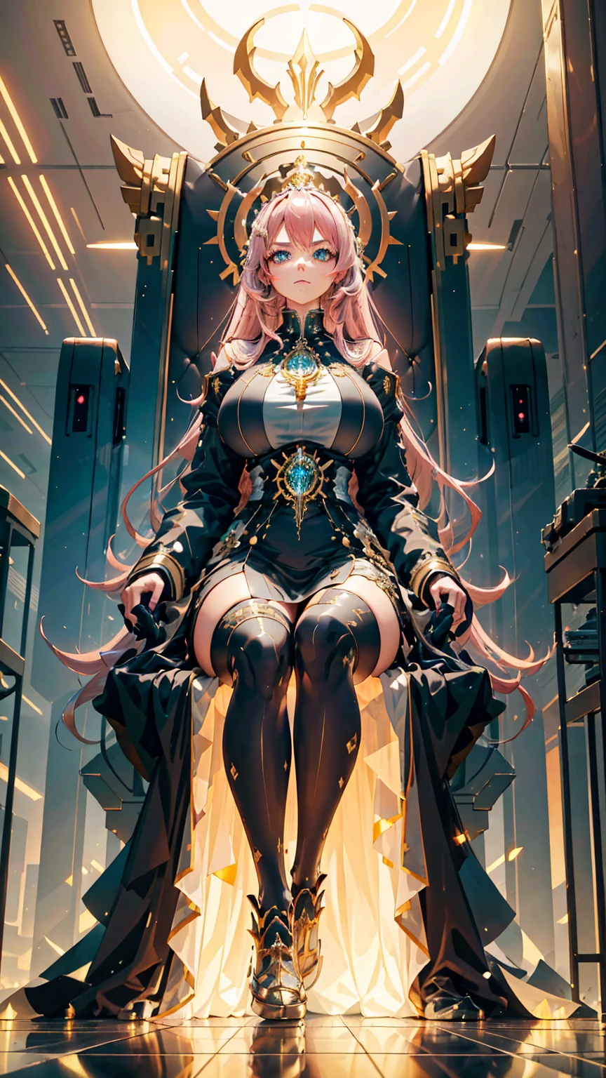 1 confident woman with floor-length pink hair, huge and big breasts, Futuristic royal costume in white with black and gold details, tall woman, blue detailed eyes, sitting on the throne of skulls , judgmental look, golden metal skulls, sovereign pose, cyberpunk queen
