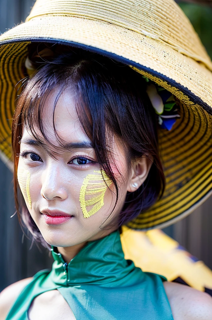(masterpiece, best quality:1.2), RAW photo, (realistic, photorealistic:1.2), (8K, highres, ultra detailed:1.3), 1girl, perfect anatomy, (focus on face, looking at viewer), (28 years old Korean beauty, K-pop idol), (realistic detailed eyebrows, realistic beautiful brown eyes, realistic glossy skin, realistic detailed beautiful handsome face:1.2), (slender, small breasts), (realistic cinematic lighting, detailed shadowing:1.2), (acmm thanaka apply on face, acmm thanaka makeup)
