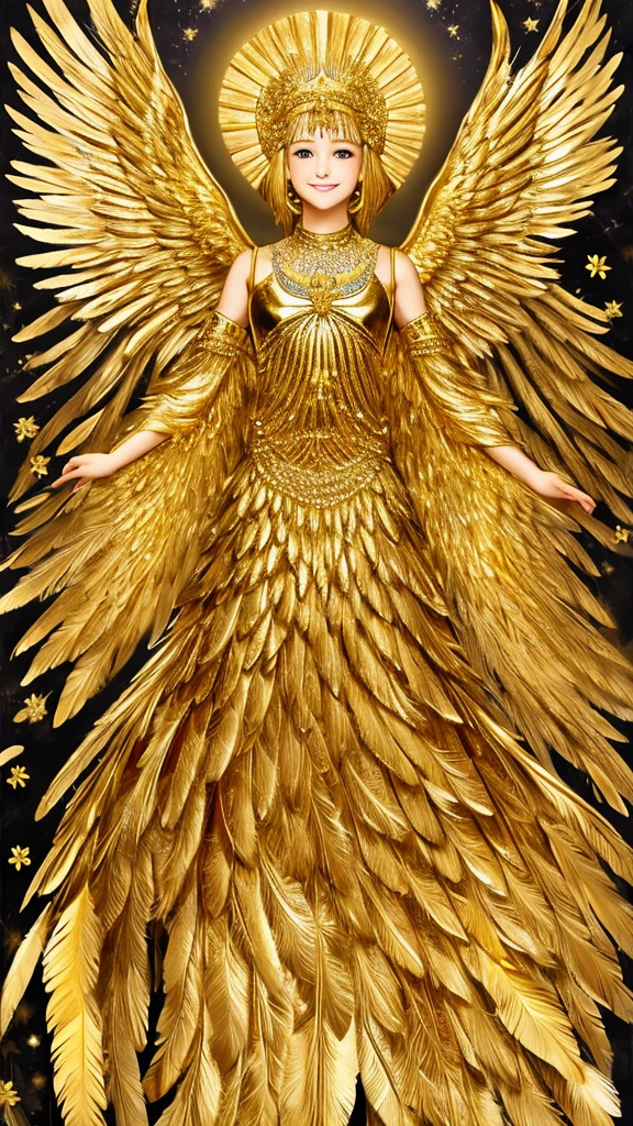 ,gold,Feather,front,whole body,smile,Angel,goldの空