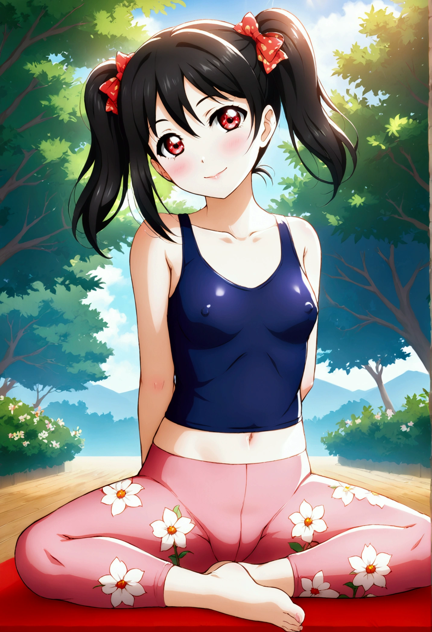 masterpiece, best quality,yazawa nico, black hair, twintails, red eyes, volumetric lighting, illustration, beautiful, tight , Blushing, breasts, looking at viewer, flowers printed tank top, yoga pants,solo, curvy body,floral print, covered erect nipples, seductive smile, (arms behind back, head tilt:1.1),(breathtaking scenery:1.1), tree, blushing full body shot