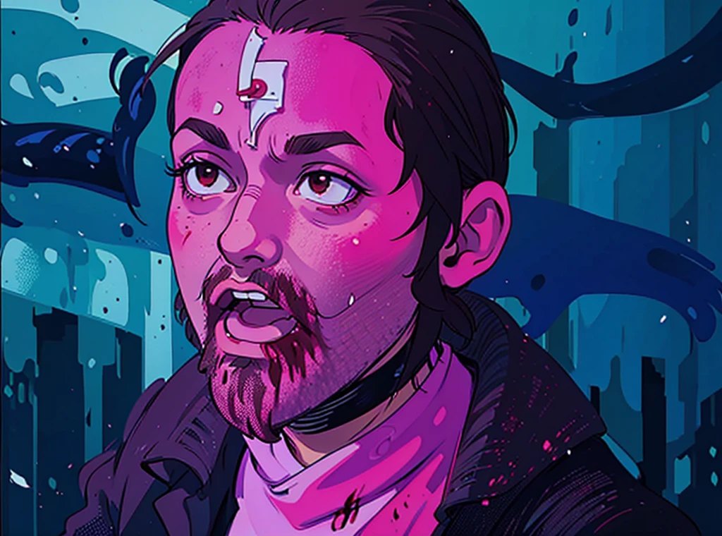 Male, brown hair, red eyes, pony tail, blood, nose bandage