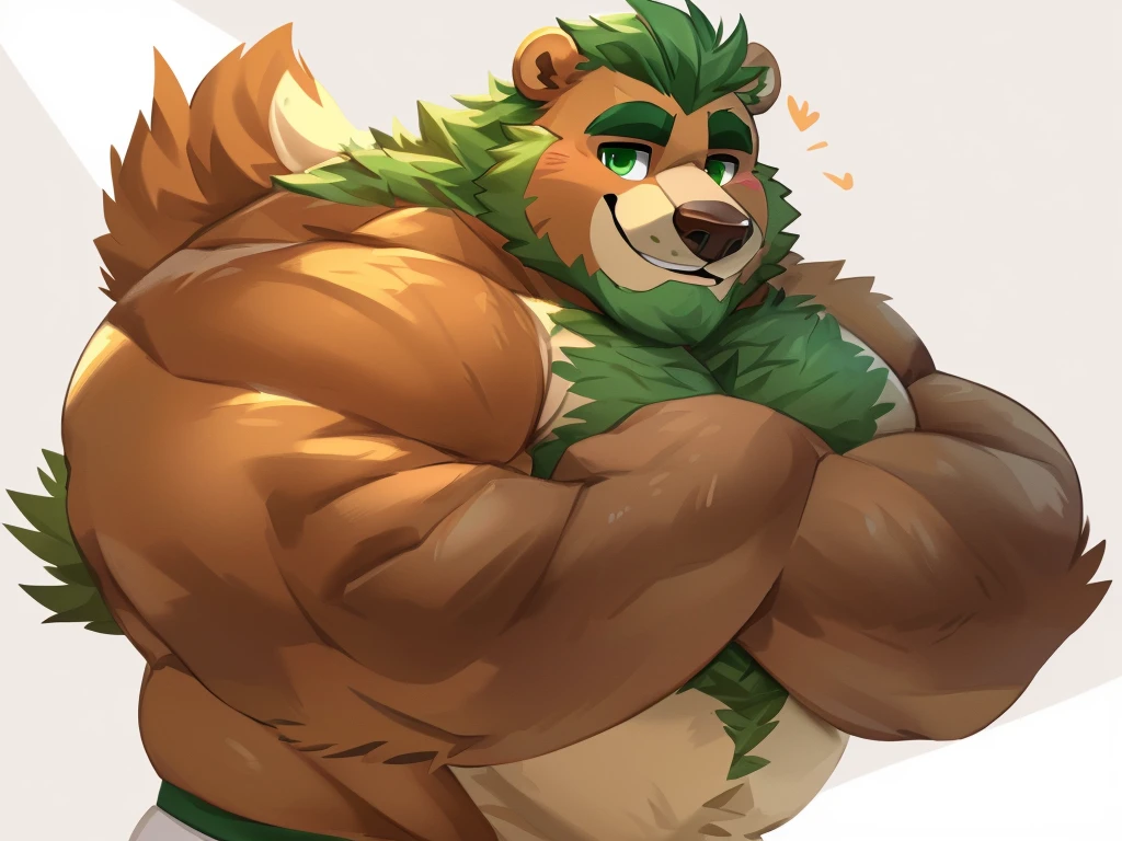 a caramel brown colored fur and muscular, he's a daddy and muscle-bear, green hair, green eyes, closed smile, cute smile, a hyper hairy body, high quality furry art, chibi style.