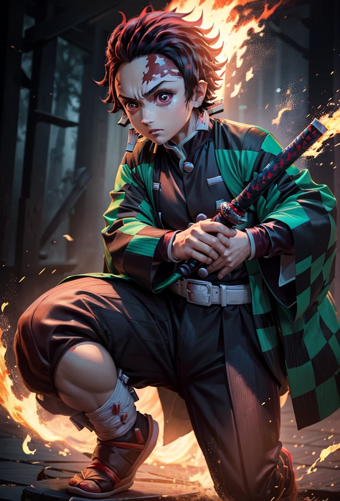 Kamado Tanjiro,(Kimetsu No Yaiba),Full Style,Ultra High Quality,Ultra High Resolution,Photograph 8K,Holding a Katana,One Boy,Ultra Detailed ,Demon Hunter Suit,Hino Kami Kagura Teknik