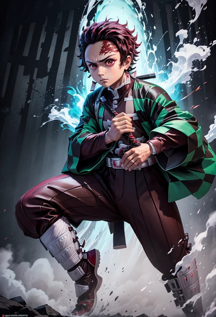 Kamado Tanjiro,(Kimetsu No Yaiba),Full Style,Ultra High Quality,Ultra High Resolution,Photograph 8K,Holding a Katana,One Boy,Ultra Detailed ,Demon Hunter Suit,Hino Kami Kagura Teknik