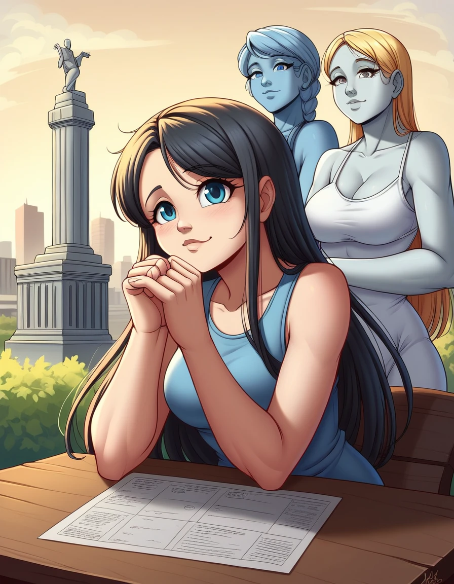 Table top、highest quality、High resolution、Eleonora Pavinato, 23yearsold, Younger portrait, look cute, cute pose, Beautiful busty girl, black long hair, cute pose, Casual Clothing, statue of Liberty, New York City, Reh
