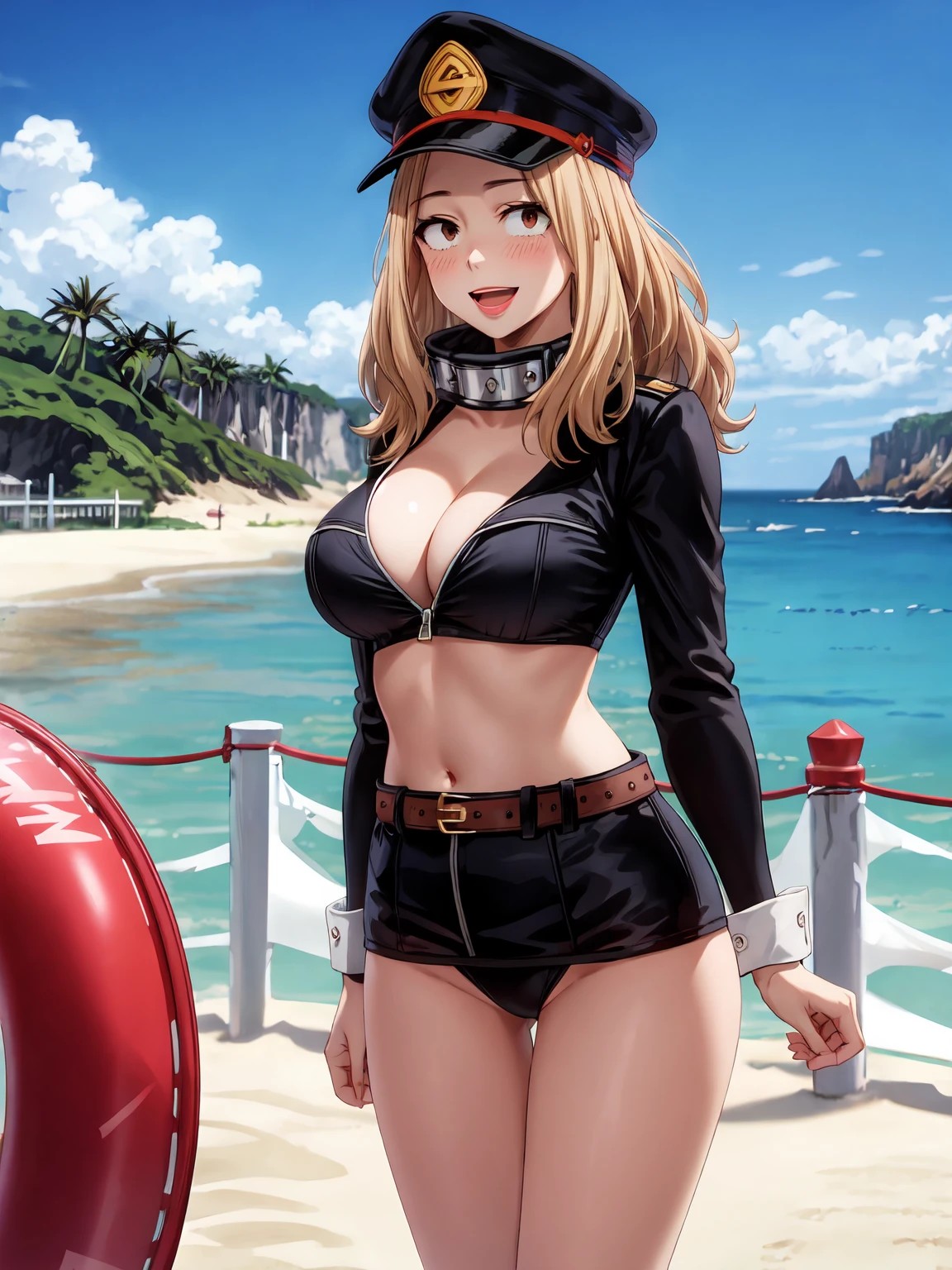 Masterpiece ,best quality , high resolution , (face view , look at view ) , (1 girl solo:1.38) , (camie, long hair, brown hair, brown eyes, peaked cap , lipstick , eyeliner)) , (slim , tall , slender , thin) , (cleavage:1.05) , (big breast:1.06) , (wear bikini , belt , belly , navel ,  jacket , fishnet stockings) , (outdoor , night , firework , beach , ocean , sea , blue sky ) , (open mouth , smile , full face blush , shy ) , (standing , thighs ) , (cowboy_shot)