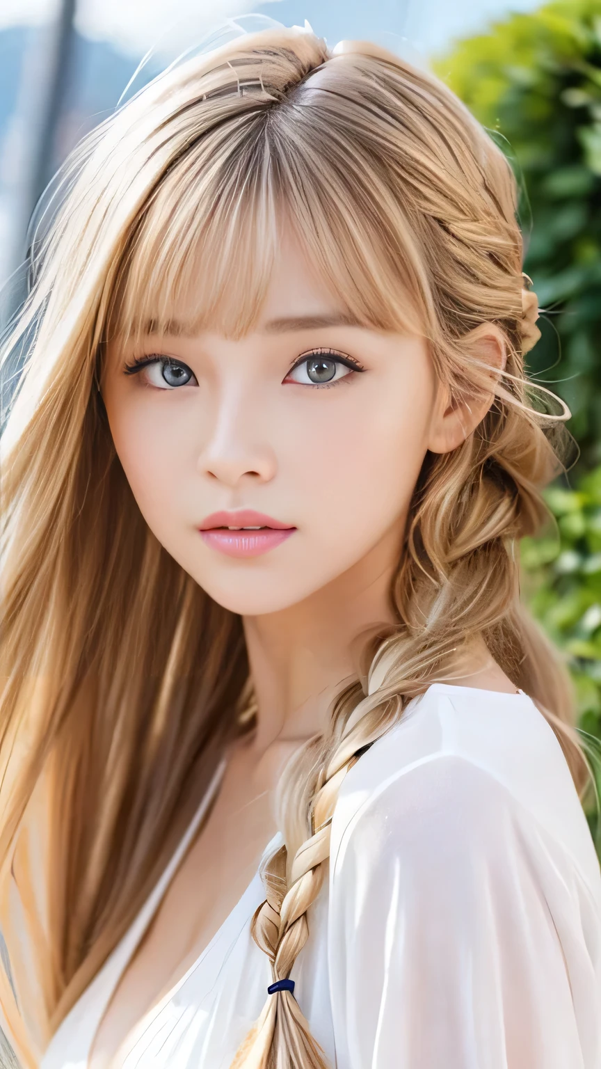 Sexy Big 、Sexy cute looks and cute 15 year old beautiful girl, beautiful and sexy face、A strong wind blows my hair in front of my face、beautiful long blonde French braided hair、beautiful, Cute and sexy eyes hidden behind long bangs