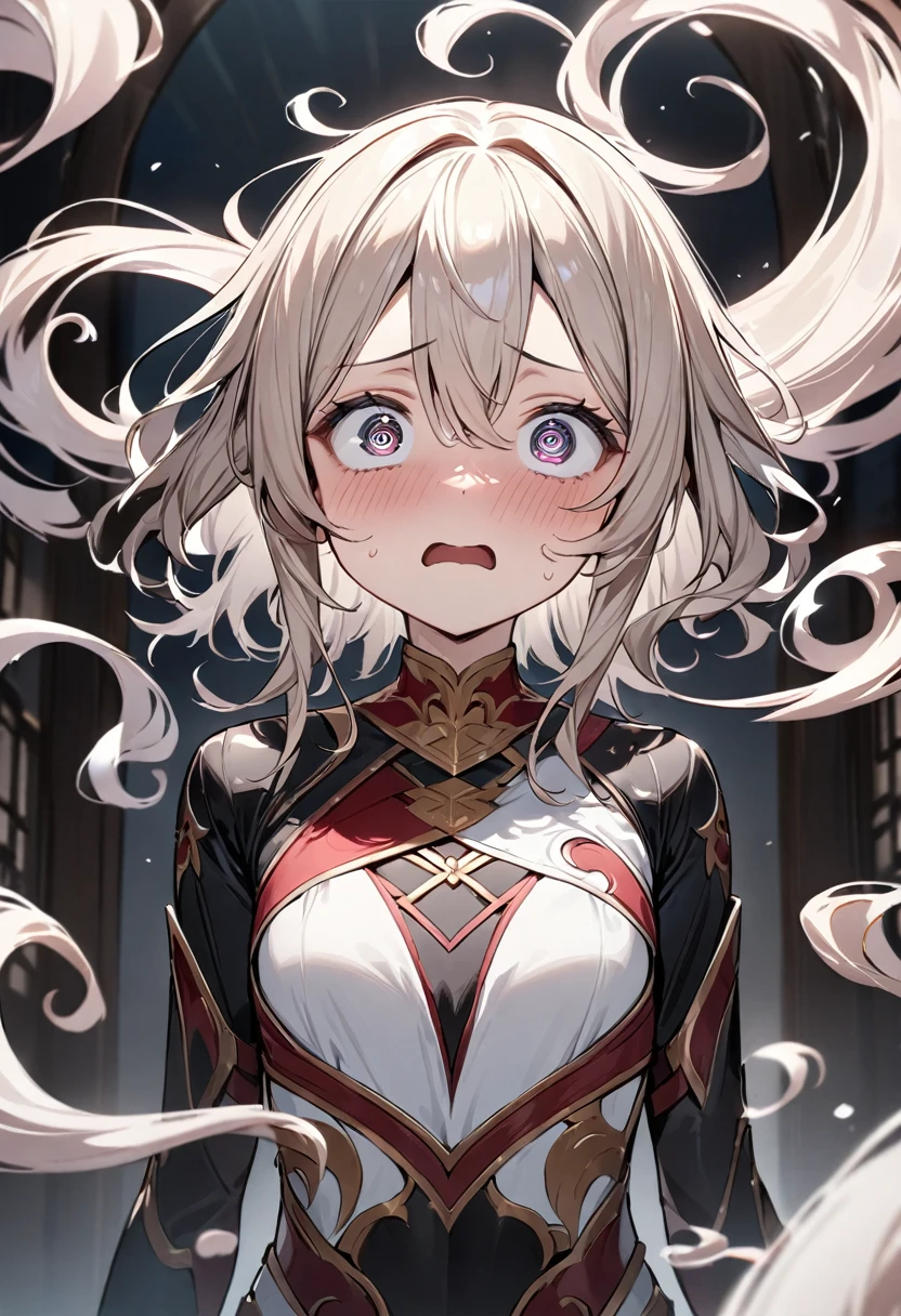 (masterpiece, top quality, very aesthetic, 4k、illustration), intricate detail, 1girl,Standing 、(upper body)、Despairing face、(Swirling eyes:1.3),Cute 、Random Hair Color、,middle hair,sidelock ,Random Color eyes、ninjaarmor clothes、small breasts、Slim 、