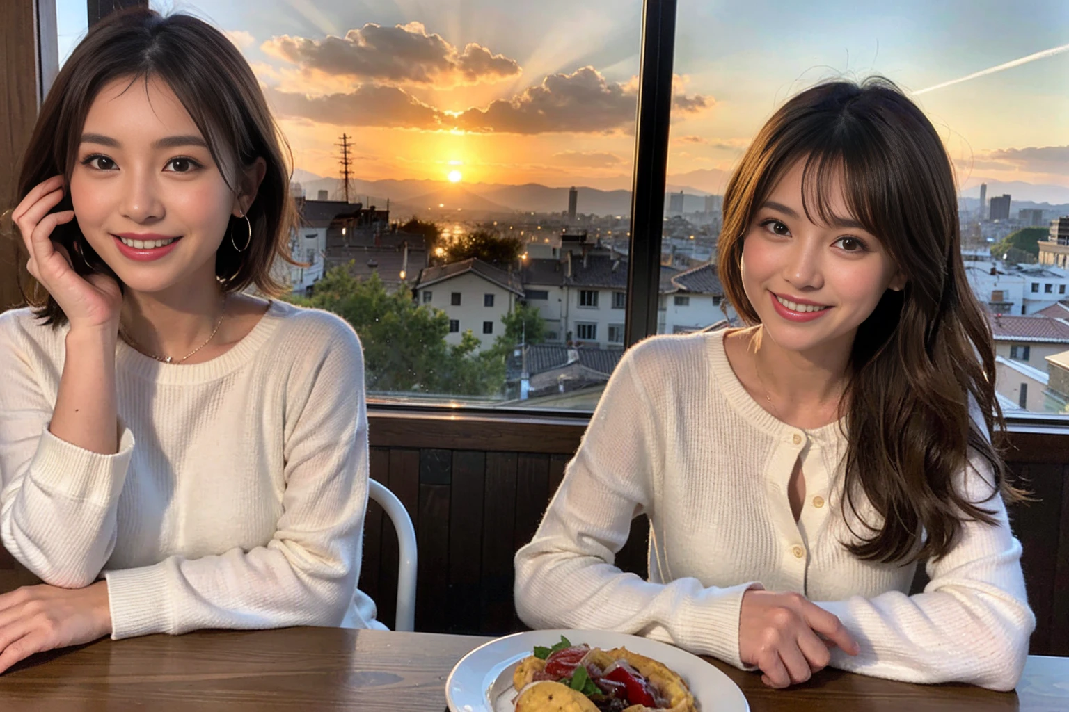 （Realistic:1.1）,(masterpiece,Highest quality)，8k,(45 years old), 42 years old, slimカップル、Model Couple、actress/actor、Tight waist,Upper Body,full-course dinner、wine 、Amazing view of the sunset sky and clouds、Perfect Anatomy, Brown Hair, short hair,Random Hairstyles,((Highly detailed face and eyes:1.2))(cute顔:1.4)，美しいactressの顔，Perfect golden ratio face，Long sleeve shirt、dress,(smile:1.2)、Shortcuts、cute、(Realistic, Intricate details:1.2), A bright smile、short hair,Bright Face、赤wine 、Appetizers、Italian food、wine bottle、Champagne、スパークリングwine、(slimな顔), (The body is slim), (Brown Hair), (Shortcuts),  Upper Body, 白wine, slim, wineグラス, 
