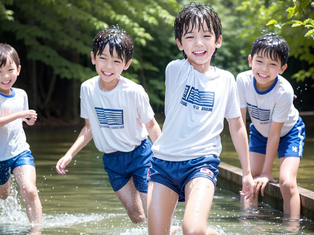 In the forest、 in the countryside、Swimming in the river、Bathing in water、水でGet wet all over、Cute eletary boy、Boy in gym clothes、The bottom of the white T-shirt is blue、Blue shorts、The boys are playing、Get wet all over、The laughter of boys can be heard from afar、Splashing Water、Japanese、(Boy 1.4)、high resolution、Highest quality