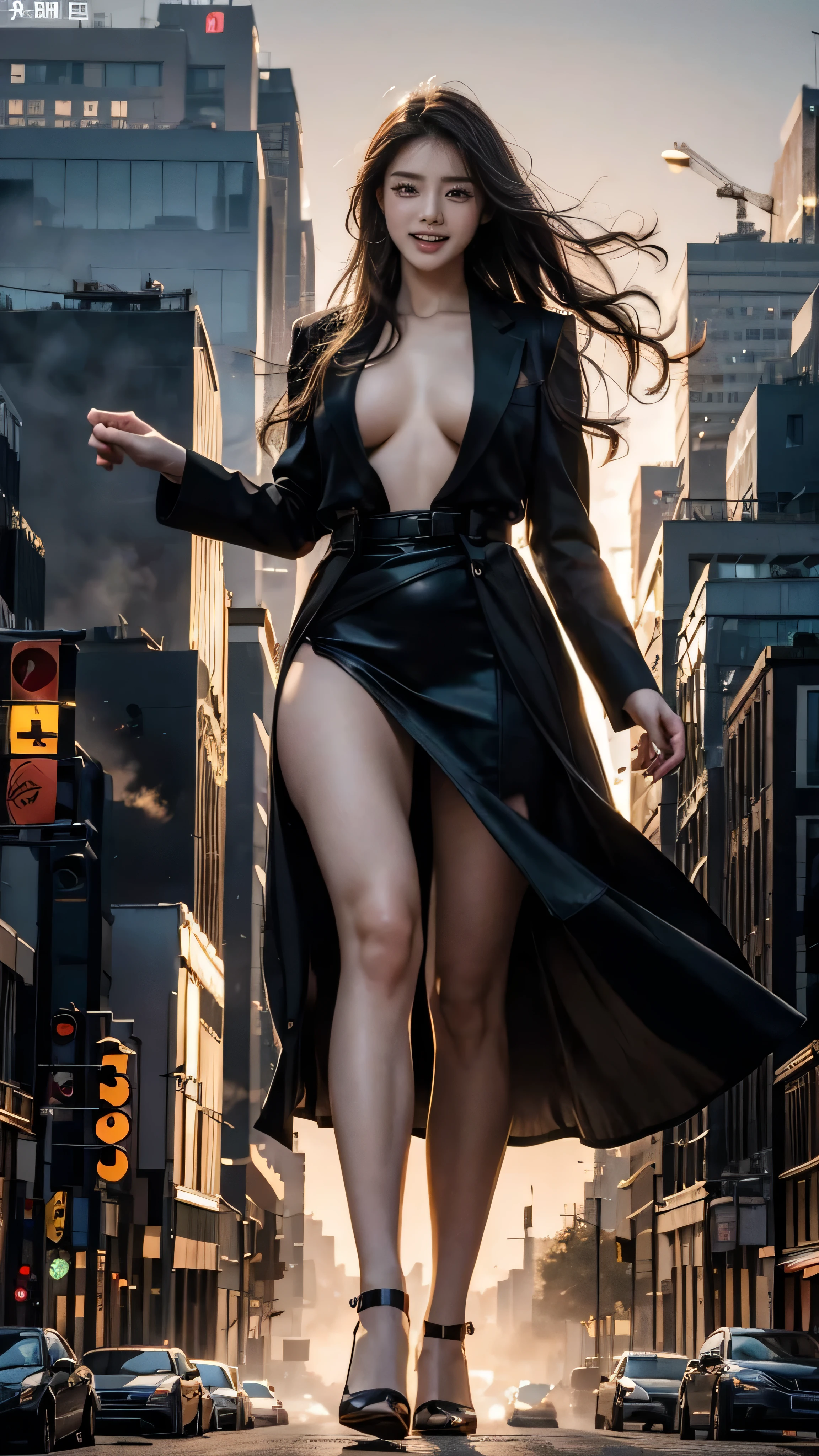 ground view, giantess city, A huge girl who is 500 feet tall., skyscrapers, incredibly long legs, stepping on the crowd, many people on the street, a pair of huge tits, black hair down to waist, black stylish suit, Short skirts that show panties, looking happy, standing on a broken car, burning street, beautiful appearance, exquisite makeup,quality,8k,高quality,perfect proportions, Cinema Lighting,film grain,8k,textured skin,super detail,high detail,high quality,high resolution,To explode,fake laugh