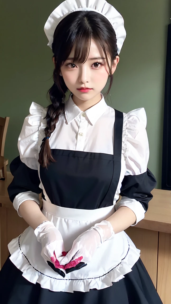 One Girl, apron, Black dress, blush, Braiding, dress, Eyebrows visible through hair, Frills, gloves, Hair between the eyes, jewelry, Juliet Sleeve, Long sleeve, Maid, Maid apron, Maid's Headdress, Puffy sleeves, short hair, Sitting, White apron, window, Huge 、Nogizaka Idol、Korean Idol、Burning idol pose、actress、Age 25、expensive、Cafe、restaurant, Official Art,Highly detailed CG Unity 8k wallpaper, (masterpiece:1.0),(highest quality:1.0), photo shoot, 8k, Browsing Caution, High resolution, Kodak Portrait 400, Film Grain, Lens flare brilliance,Show Viewer