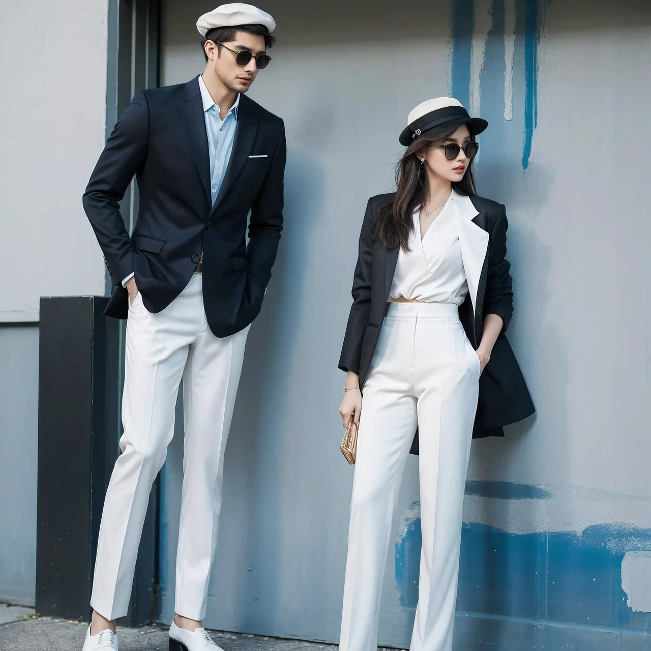 A captivating watercolor featuring a fashionably dressed man with an air of sophistication together with his stunningly beautiful female partner. He dons a casual yet elegant outfit, consisting of a tailored suit, a stylish hat, and a pair of sunglasses. She is dressed on white pants and elegant jacket with high heals. The background is a mesmerizing blend of ink splashes, creating a modern and artistic atmosphere. The playful ink splatters intermingle with the painting's splendor, showcasing a harmonious balance between style and creativity. The couples confident pose and the artist's skillful brushwork come together to create an image of unrivaled elegance and refinement., illustration, fashion, painting, photo