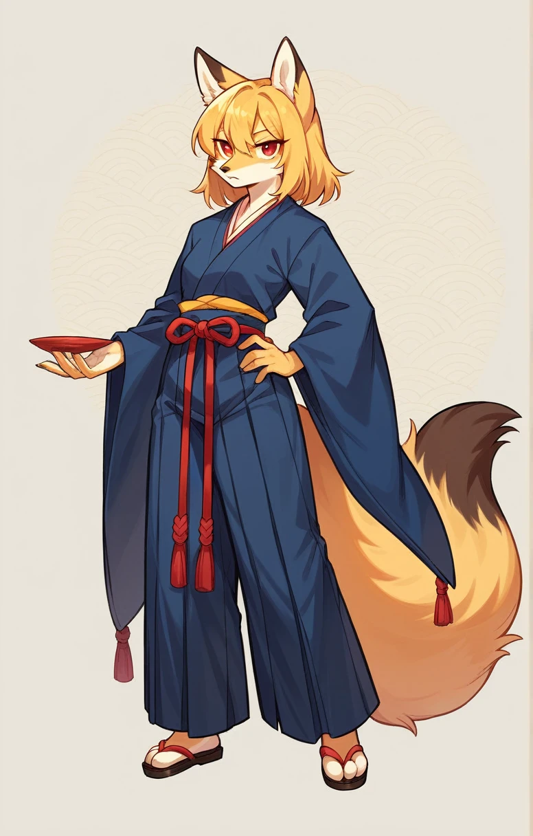 (full body,,The left hand is on the hip),((The right hand is out in front,Fluffy tail,,)),small breasts,Adult female fox,One Girl, Furry, Golden fur, Golden facial fur, long golden hair, The hair on his hands is golden, Golden yellow hair on the back of the hand, Light-filled eyes, Red eyes, Brown elements of fur,(Dark blue kimono,Dark blue hakama),Very fine fur, Fluffy tail,