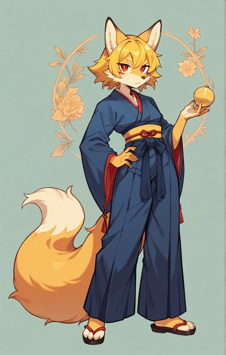 (full body,,The left hand is on the hip),((The right hand is out in front,Fluffy tail,,)),small breasts,Adult female fox,One Girl, Furry, Golden fur, Golden facial fur, long golden hair, The hair on his hands is golden, Golden yellow hair on the back of the hand, Light-filled eyes, Red eyes, Brown elements of fur,(Dark blue kimono,Dark blue hakama),Very fine fur, Fluffy tail,