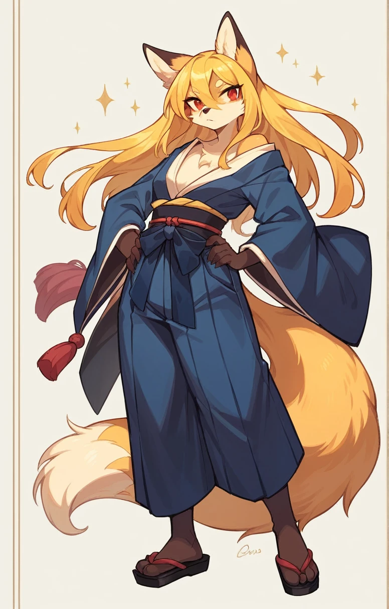 (full body,,The left hand is on the hip),((The right hand is out in front,Fluffy tail,,)),small breasts,Adult female fox,One Girl, Furry, Golden fur, Golden facial fur, long golden hair, The hair on his hands is golden, Golden yellow hair on the back of the hand, Light-filled eyes, Red eyes, Brown elements of fur,(Dark blue kimono,Dark blue hakama),Very fine fur, Fluffy tail,