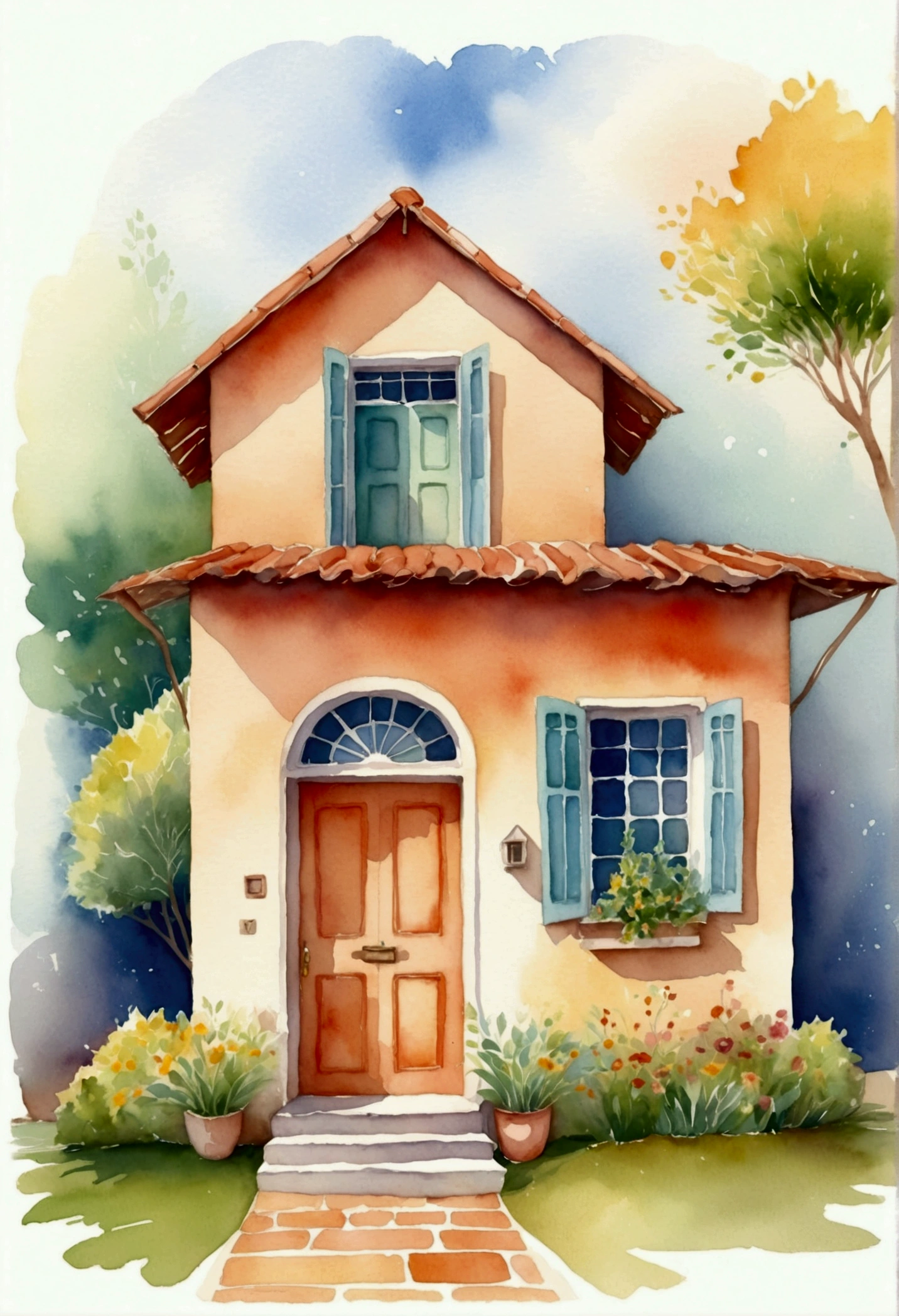 Soft and bright illustration of a house with an open door and people inside., It is a symbol of welcome and community.. Watercolor illustration style