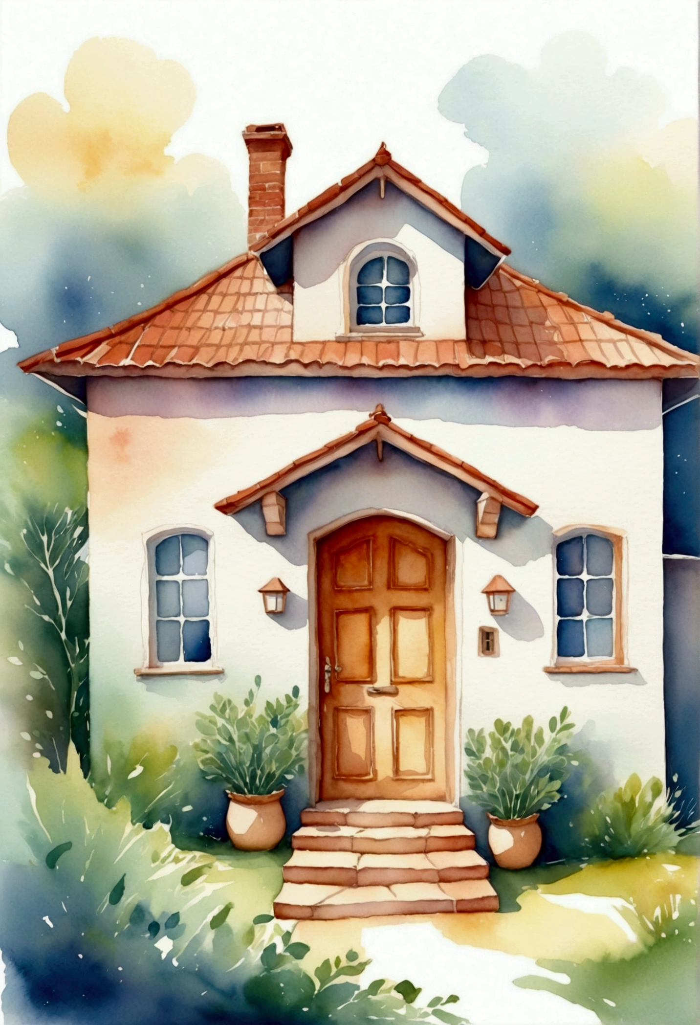 Soft and bright illustration of a house with an open door and people inside., It is a symbol of welcome and community.. Watercolor illustration style