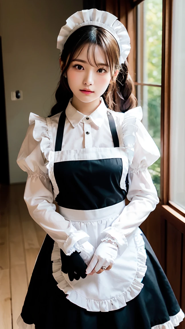 One Girl, apron, Black dress,  blush, Braiding, dress, Eyebrows visible through hair, Frills, gloves, Hair between the eyes, jewelry, Juliet Sleeve, Long sleeve, Maid, Maid apron, Maid&#39;s Headdress, Puffy sleeves, short hair, Sitting, White apron, window, Huge 、Nogizaka Idol、Korean Idol、Burning idol pose、actress、Age 25、expensive、Cafe、restaurant, Official Art，Highly detailed CG Unity 8k wallpaper, (masterpiece:1.0),(highest quality:1.0), photo shoot, 8k, Browsing Caution, High resolution, Kodak Portrait 400, Film Grain, Lens flare brilliance,Show Viewer