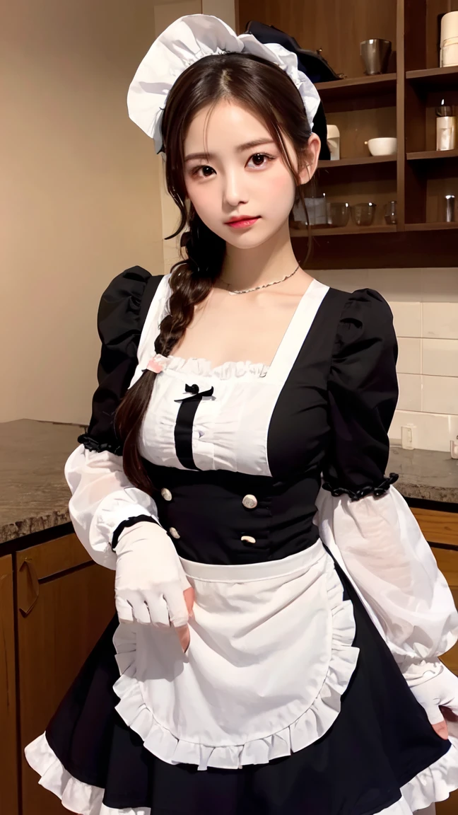One Girl, apron, Black dress, blush, Braiding, dress, Eyebrows visible through hair, Frills, gloves, Hair between the eyes, jewelry, Juliet Sleeve, Long sleeve, Maid, Maid apron, Maid's Headdress, Puffy sleeves, short hair, Sitting, White apron, window, Huge 、Nogizaka Idol、Korean Idol、Burning idol pose、actress、Age 25、expensive、Cafe、restaurant, Official Art,Highly detailed CG Unity 8k wallpaper, (masterpiece:1.0),(highest quality:1.0), photo shoot, 8k, Browsing Caution, High resolution, Kodak Portrait 400, Film Grain, Lens flare brilliance,Show Viewer