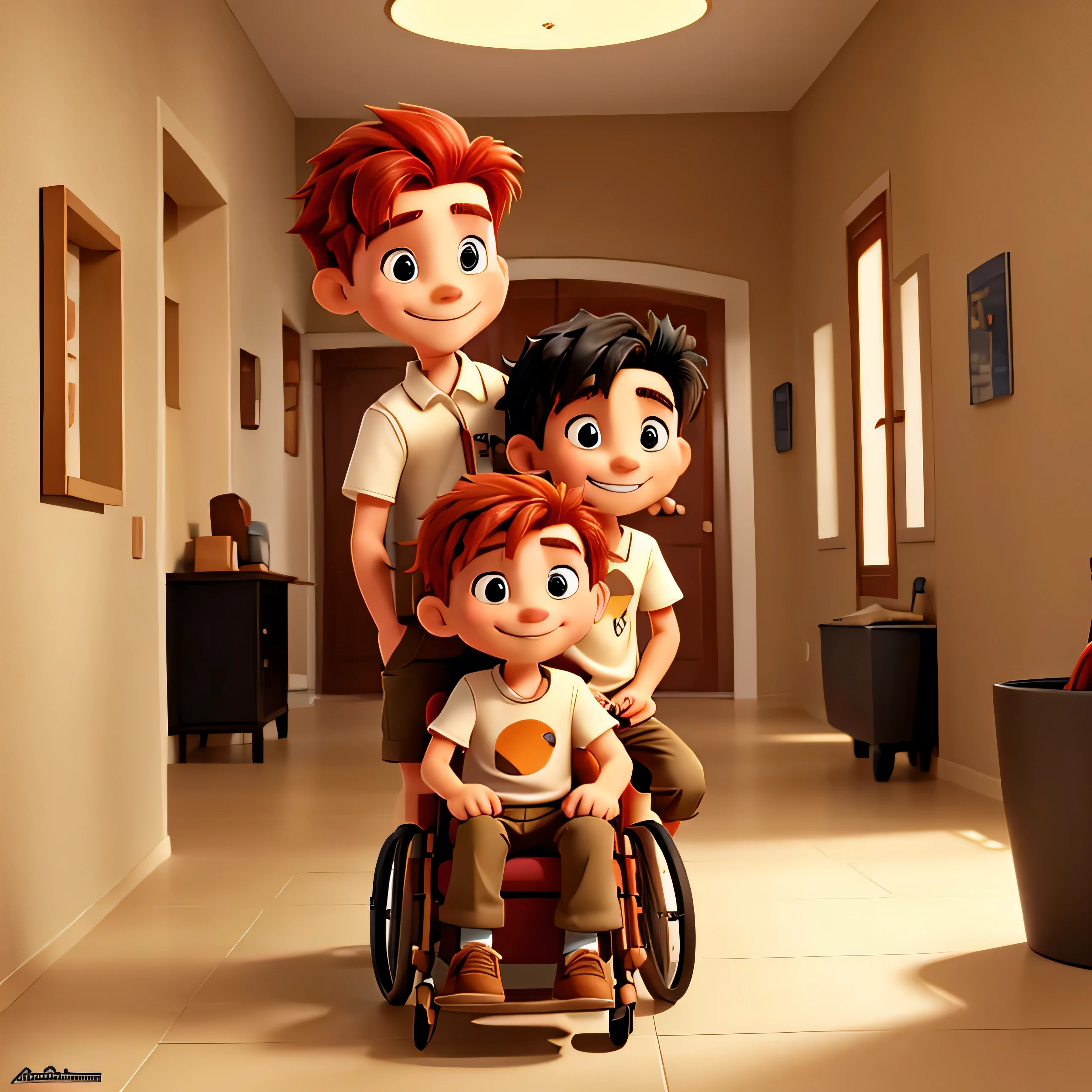 Make a picture of a red-haired boy sitting on the chair and boy with black hair and brown eyes driving his wheelchair through the hallway with beige walls, Not many visual stimuli. Both smiling and full of joy.
