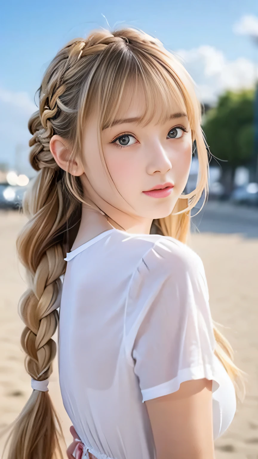 Sexy Big 、Sexy cute looks and cute 15 year old beautiful girl, beautiful and sexy face、A strong wind blows my hair in front of my face、beautiful long blonde French braided hair、beautiful, Cute and sexy eyes hidden behind long bangs