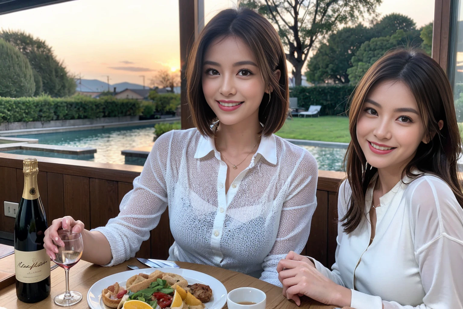 Highest quality, masterpiece, Ultra-high resolution, (Realistic:1.4), RAW Photos, Depth of written boundary, Professional Lighting, Perfect Anatomy, Very detailed, Japanese actress,1 male 1 female、43 years old 39 years old、Slim Beauty、Beautiful couple、Upper Body、smile、 (Slim face), (the body is スリム), (Brown Hair), (Shortcuts), テーブルのフルコースディナーとwine glass、Amazing view of the sunset sky and clouds、smileの美しさ、Wine bottle、sparkling wine、Long sleeve shirt、dress、White wine, red wine, wine glass, Beautiful fine grain, Depth f/2,saturation, High Contrast, Strong light and shadow,Moist Body:1.5、3D texture、The hair is very shiny、