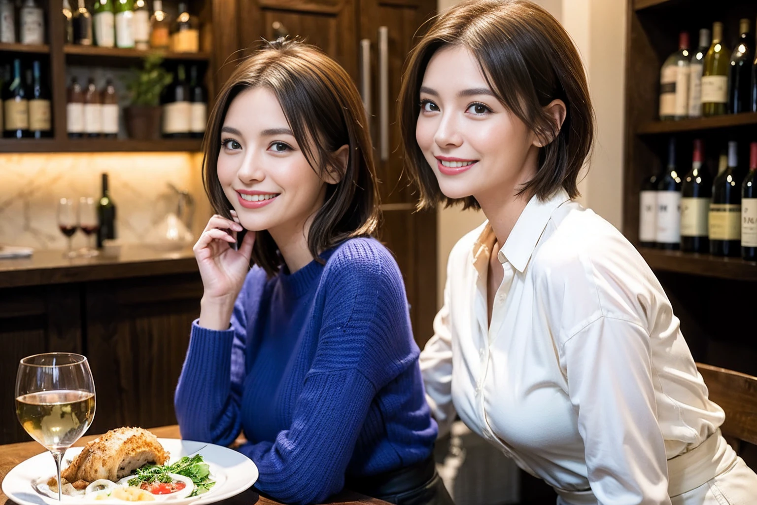 (Realistic:1.1),(masterpiece,Highest quality),8k,(44 years old), 42 years old, slimカップル、Model Couple、actress/actor、Tight waist,Upper Body,full-course dinner、wine 、Amazing view of the sunset sky and clouds、Perfect Anatomy, Brown Hair, short hair,Random Hairstyles,((Highly detailed face and eyes:1.2))(cute顔:1.4),美しいactressの顔,Perfect golden ratio face,Long sleeve shirt、dress,(smile:1.2)、Shortcuts、cute、(Realistic, Intricate details:1.2), A bright smile、short hair,Bright Face、赤wine 、Appetizers、Italian food、wine bottle、Champagne、スパークリングwine、(slimな顔), (The body is slim), (Brown Hair), (Shortcuts), Upper Body, 白wine, slim, wineグラス,