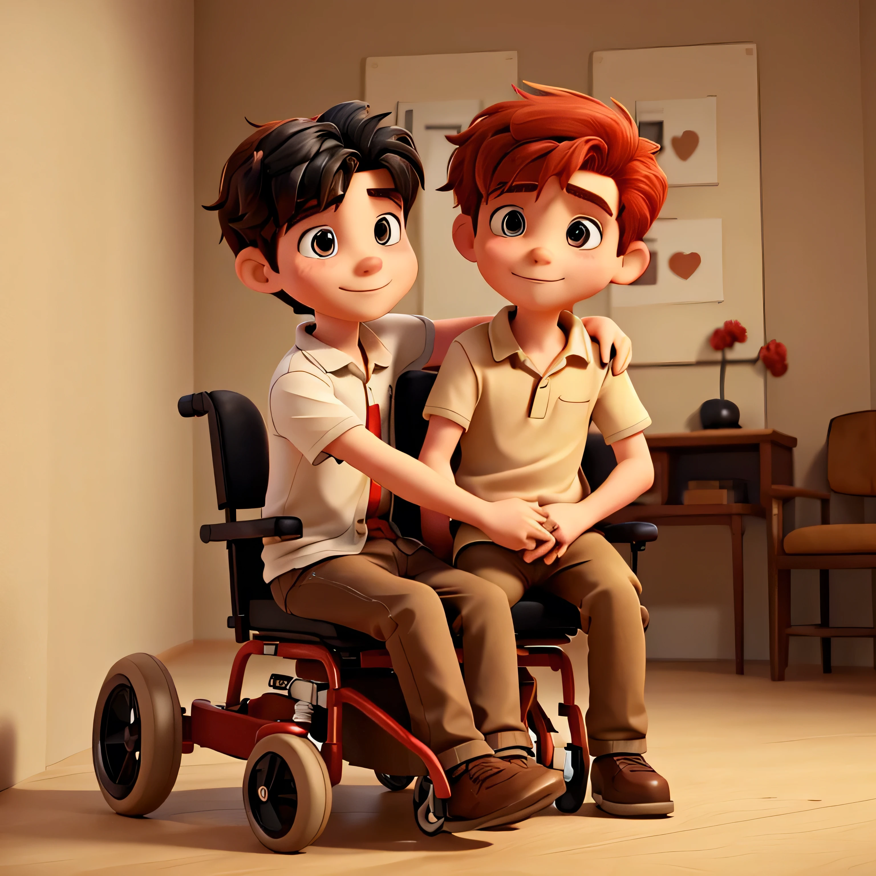 Make a picture of a red-haired boy sitting in a wheelchair hugging a boy with black hair and brown eyes. In the background, beige walls, Not many visual stimuli.