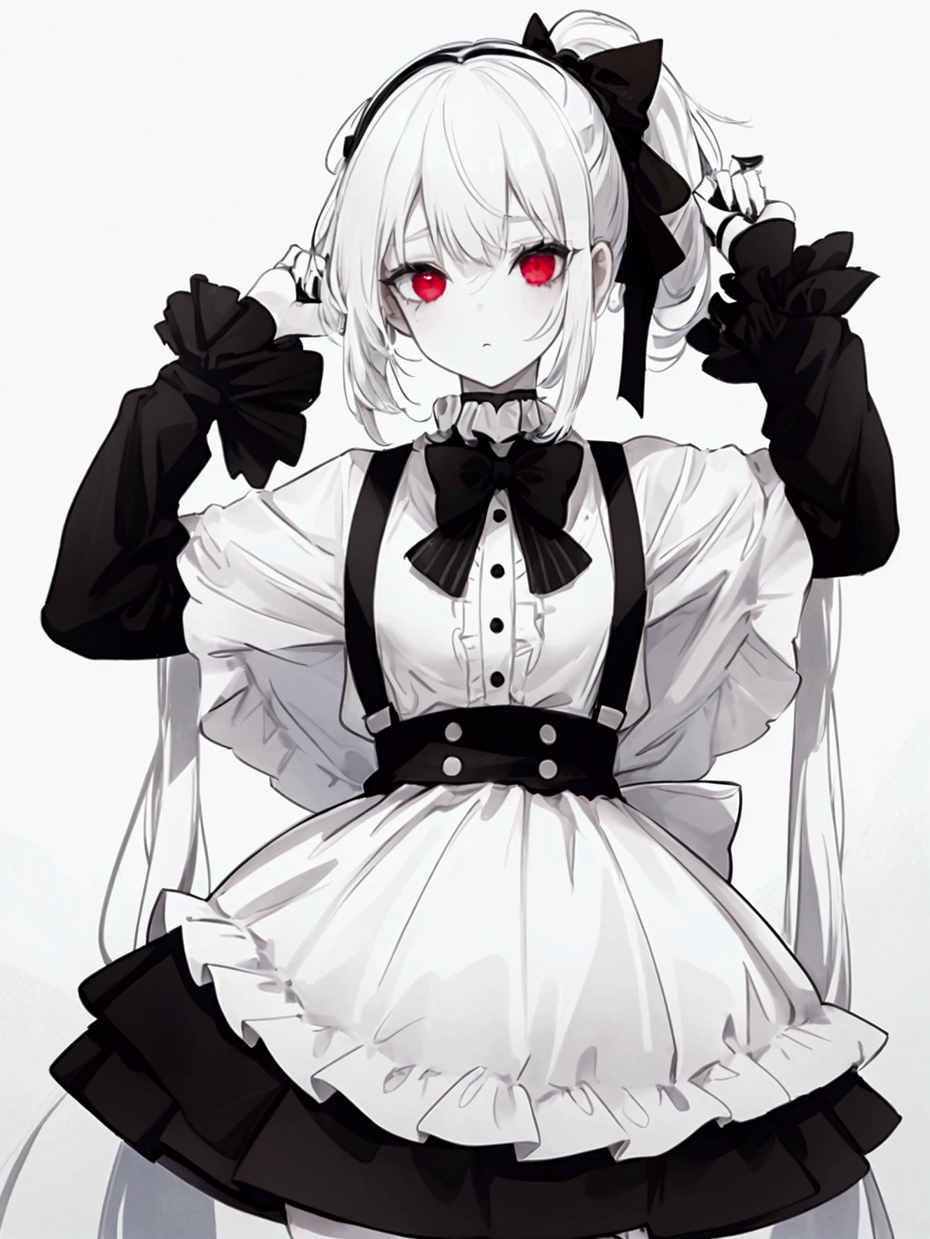 1 girl, clown girl, White hair, pale skin, two long pony tails, black and white hair, one white ponytail, one black ponytail, black skirt with layers down,white shirt, black suspenders with the skirt, black buttons on the shirt, white sleeves, black gloves, clown make up, red eyes, a black big hammer, black and white shoes