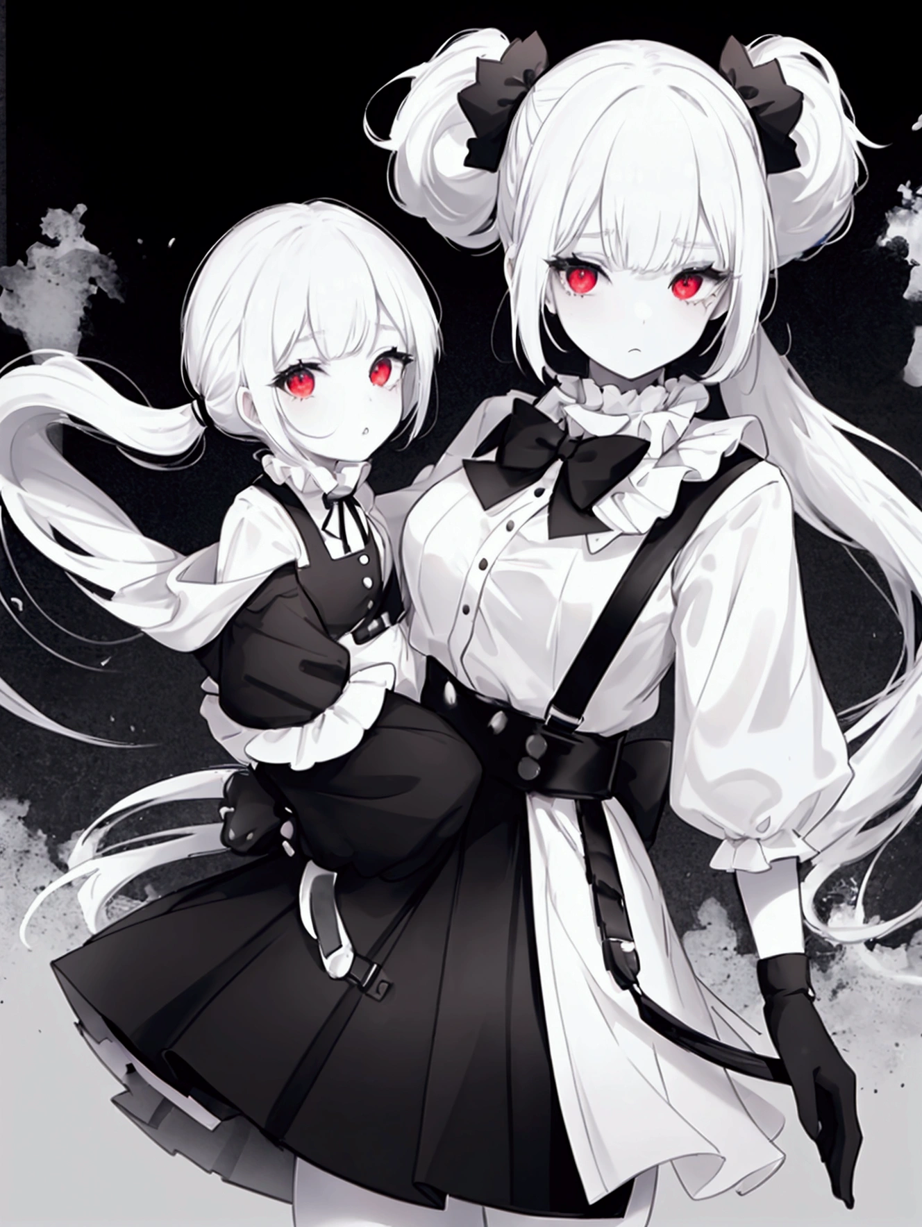 1 girl, clown girl, White hair, pale skin, two long pony tails, black and white hair, one white ponytail, one black ponytail, black skirt with layers down,white shirt, black suspenders with the skirt, black buttons on the shirt, white sleeves, black gloves, clown make up, red eyes, a black big hammer, black and white shoes