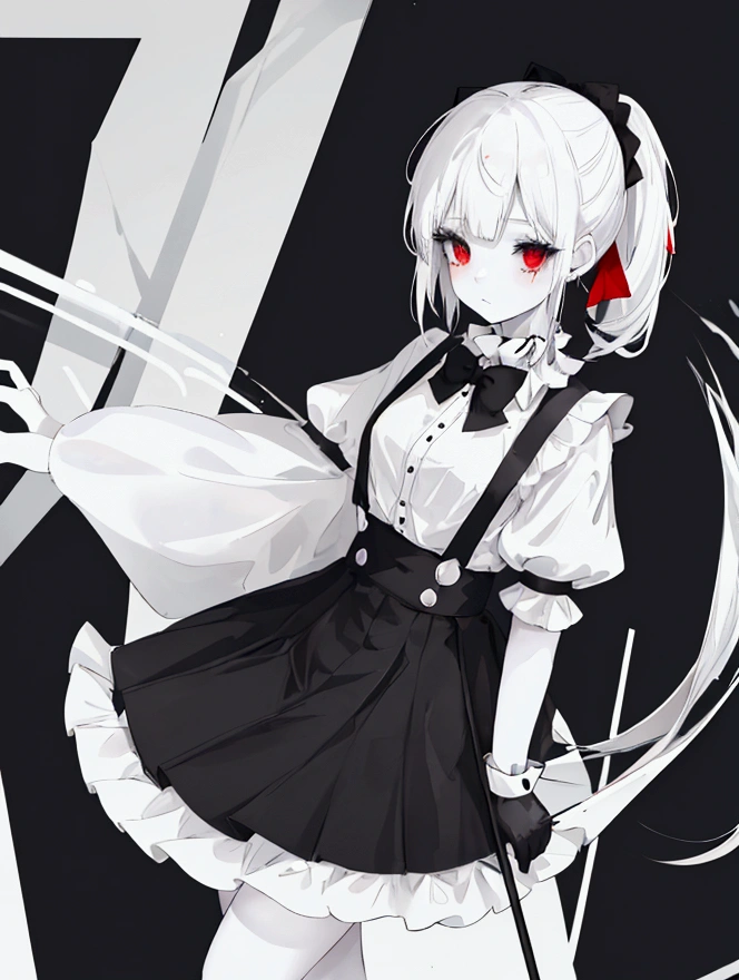 1 girl, clown girl, White hair, pale skin, two long pony tails, black and white hair, one white ponytail, one black ponytail, black skirt with layers down,white shirt, black suspenders with the skirt, black buttons on the shirt, white sleeves, black gloves, clown make up, red eyes, a black big hammer, black and white shoes