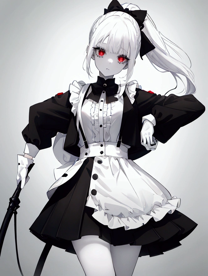 1 girl, clown girl, White hair, pale skin, two long pony tails, black and white hair, one white ponytail, one black ponytail, black skirt with layers down,white shirt, black suspenders with the skirt, black buttons on the shirt, white sleeves, black gloves, clown make up, red eyes, a black big hammer, black and white shoes