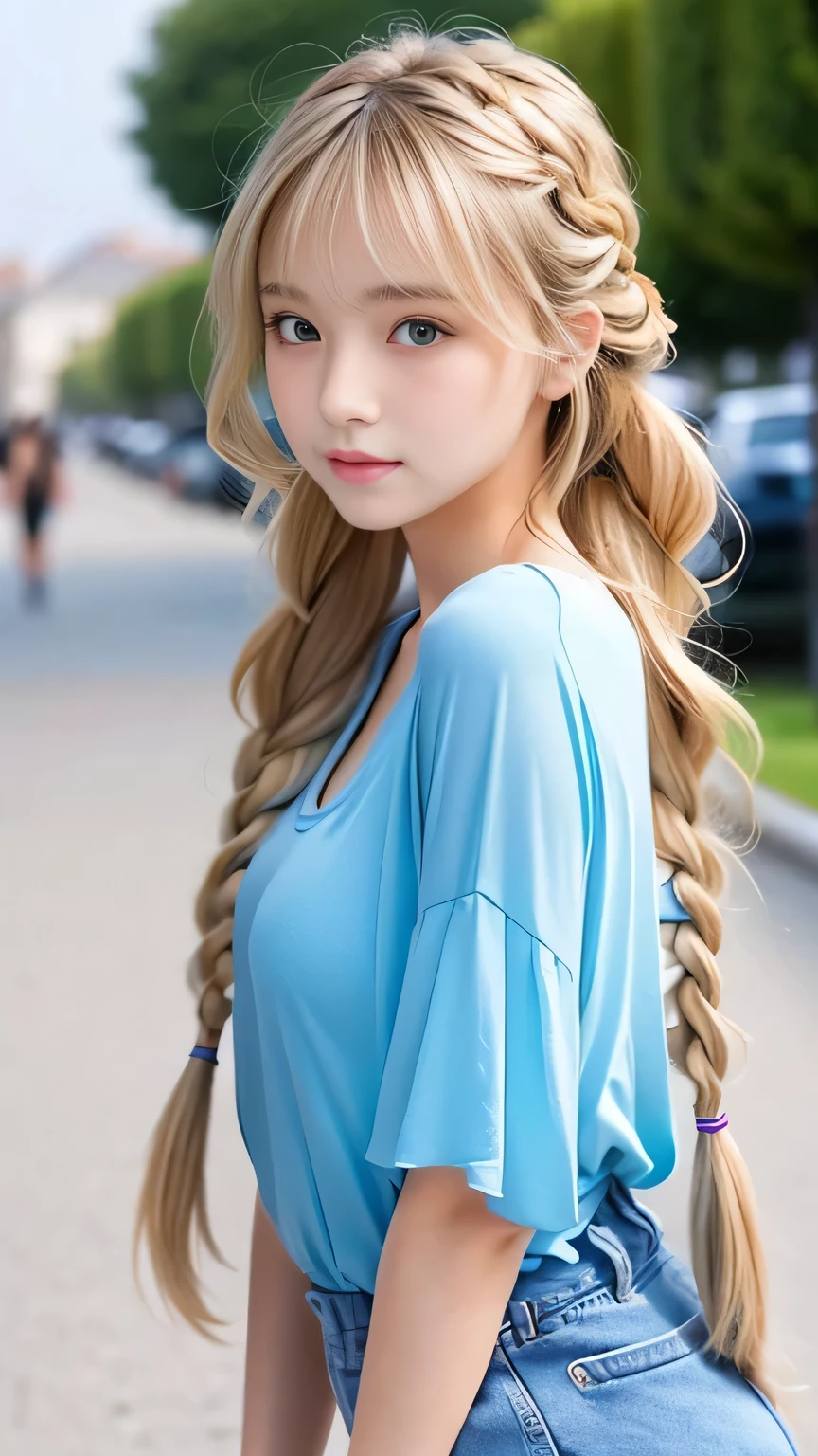 Sexy Big 、Sexy cute looks and cute  beautiful girl, beautiful and sexy face、A strong wind blows my hair in front of my face、beautiful long blonde French braided hair、beautiful, Cute and sexy eyes hidden behind long bangs