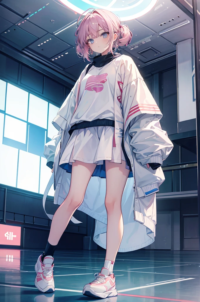 (masterpiece, Highest quality:1.2), 1 girl, alone, A loose fitting jumper, short, Basketball Shoes, Ankle socks, whole body, pastel colour,Beautiful composition