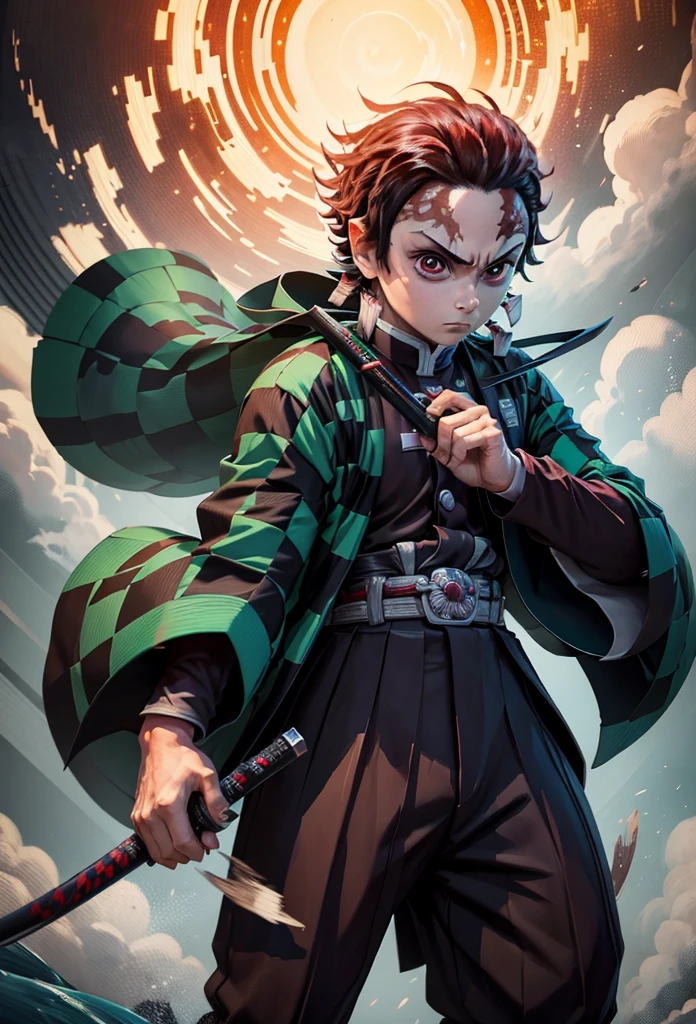 Kamado Tanjiro,(Kimetsu No Yaiba),Full Style,Ultra High Quality,Ultra High Resolution,Photograph 8K,Holding a Katana,One Boy,Ultra Detailed ,Demon Hunter Suit,Hino Kami Kagura Teknik